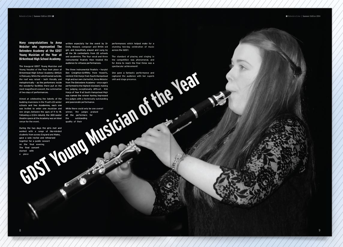 Belvedere Academy ezine magazine design spread featuring gymnast tunney